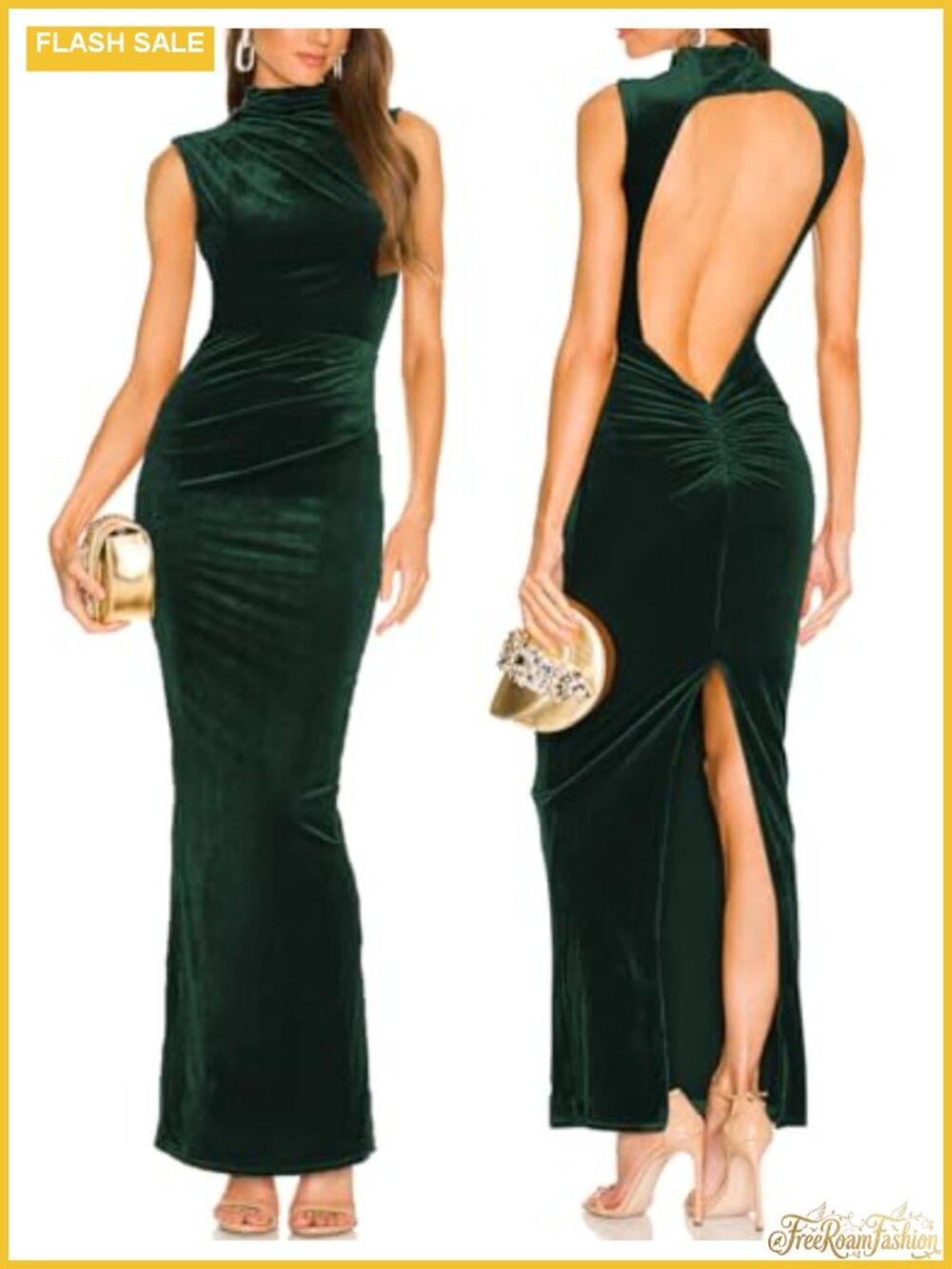 Velvet Backless Bodycon Maxi Dress High Neck Ruched Sleeveless Slit Mermaid